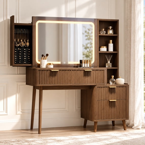 LAZZO 48" Makeup Vanity Desk with Lighted Mirror, Glass Top, Jewelry Organizer and Charging Station for Bedroom, Brown
