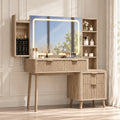 LAZZO 48" Makeup Vanity Desk with Lighted Mirror, Glass Top, Jewelry Organizer and Charging Station for Bedroom, Oak