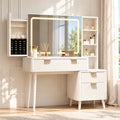 LAZZO 48" Makeup Vanity Desk with Lighted Mirror, Glass Top, Jewelry Organizer and Charging Station for Bedroom, White