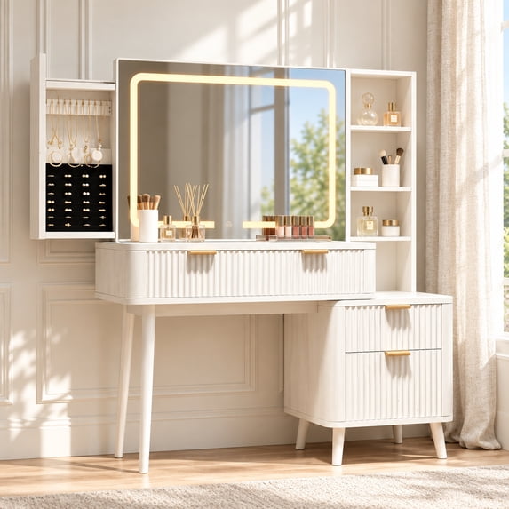 LAZZO 48" Makeup Vanity Desk with Lighted Mirror, Glass Top, Jewelry Organizer and Charging Station for Bedroom, White