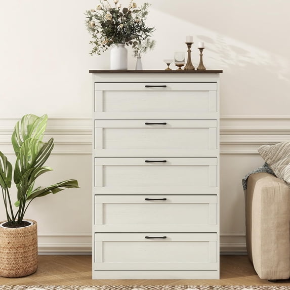 LAZZO 5-Drawer Dresser, Farmhouse Rustic Wood Chest of Drawers, Wide Storage Organizer for Bedroom, Living Room, Entryway, White