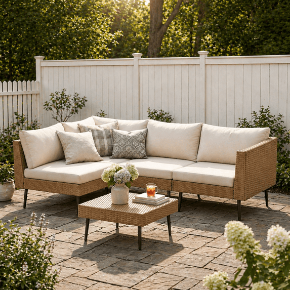 LAZZO 5-Piece Outdoor Wicker Conversation Set, All-Weather Sectional Sofa with 4 Chairs & 1 Ottoman, Beige Cushions