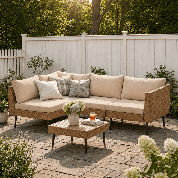 LAZZO 5-Piece Outdoor Wicker Conversation Set, All-Weather Sectional Sofa with 4 Chairs & 1 Ottoman, Khaki Cushions