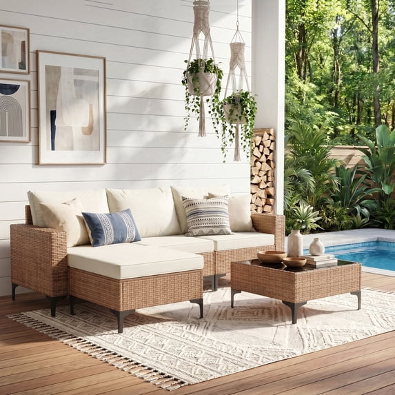 LAZZO 5-Piece Outdoor Conversation Set, Wicker Patio Furniture with Cushions and Coffee Table, Beige