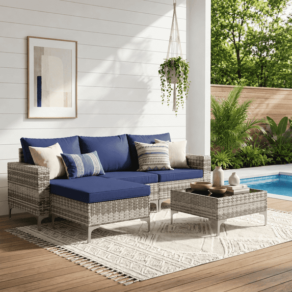 LAZZO 5-Piece Outdoor Conversation Set, Wicker Patio Furniture Set with Cushions and Coffee Table, Blue