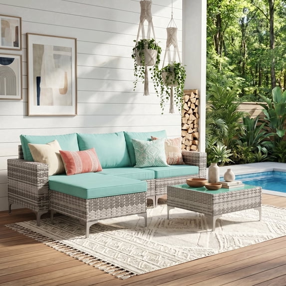 LAZZO 5-Piece Outdoor Conversation Set, Wicker Patio Furniture with Cushions and Coffee Table, Green