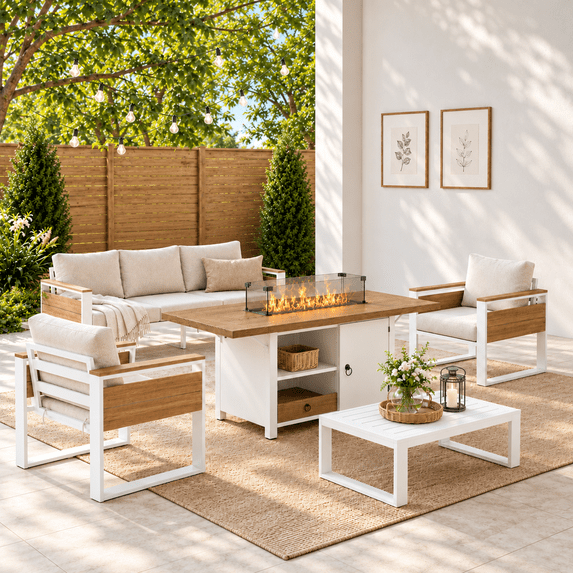 LAZZO 5-Piece Patio Conversation Set with Fire Pit Table, All-Aluminum Outdoor Metal Furniture Set with Olefin Cushions, Beige