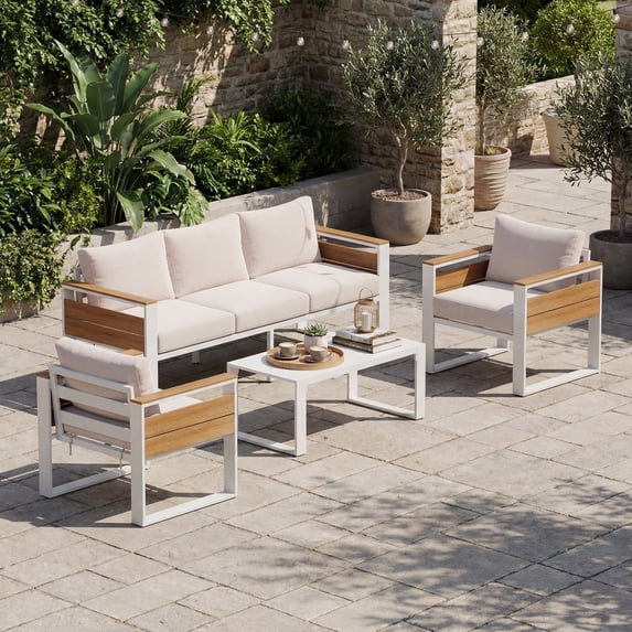 LAZZO 4-Piece Patio Conversation Set, All-Aluminum Outdoor Metal Furniture Set with Olefin Cushions & Coffee Table, Beige