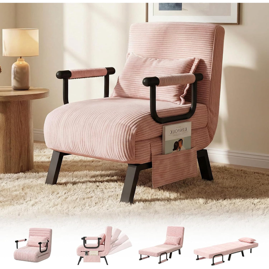 LAZZO Convertible Sleep Chair Bed, Multi-Function Folding Sleeper Sofa with Adjustable Backrest, Side Storage Pockets and Pillow, Pink