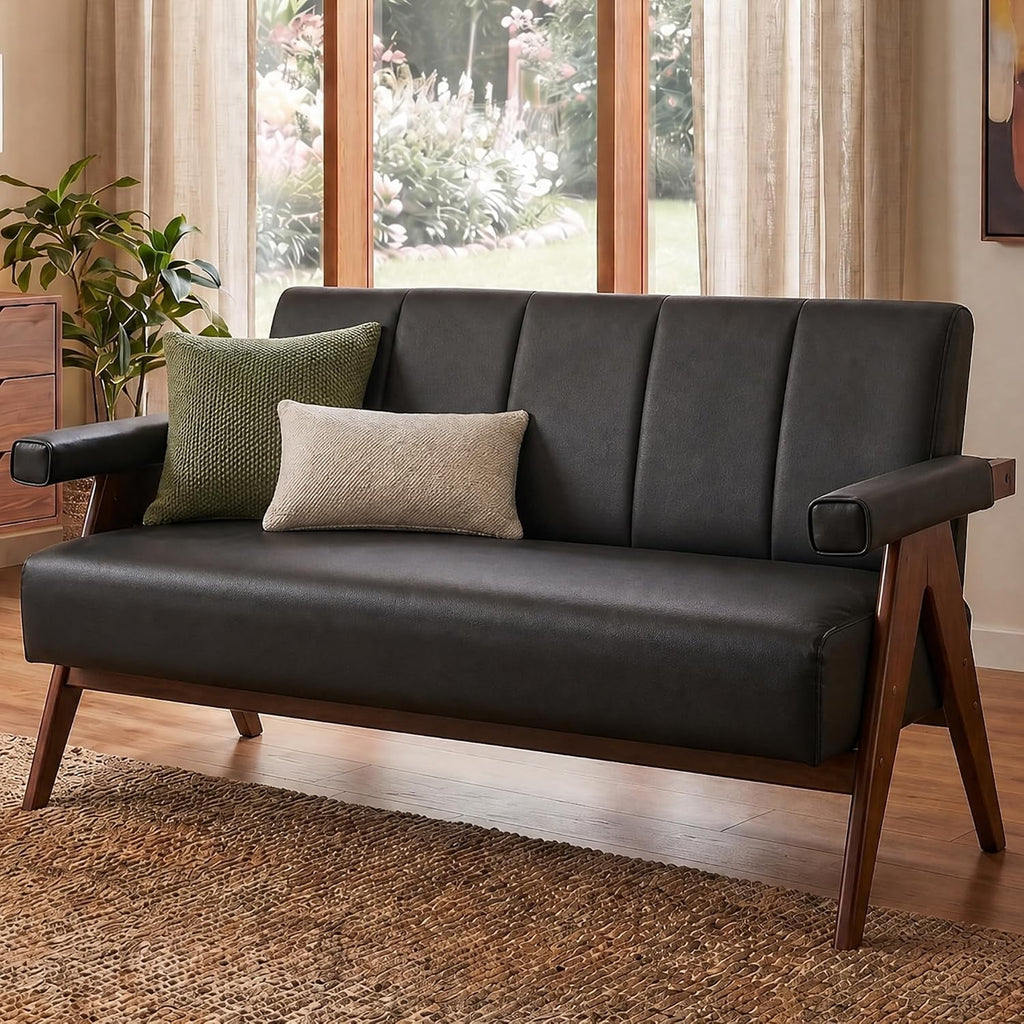 LAZZO 50" Faux Leather Loveseat, Small Comfy Couch Featuring Wooden Armrests, Ideal for Living Rooms & Offices, Black