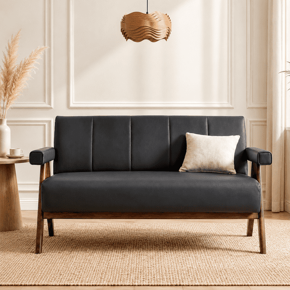 LAZZO 50" Loveseat Sofa, Faux Leather Upholstered Couch with Wooden Armrests for Small Spaces, Black