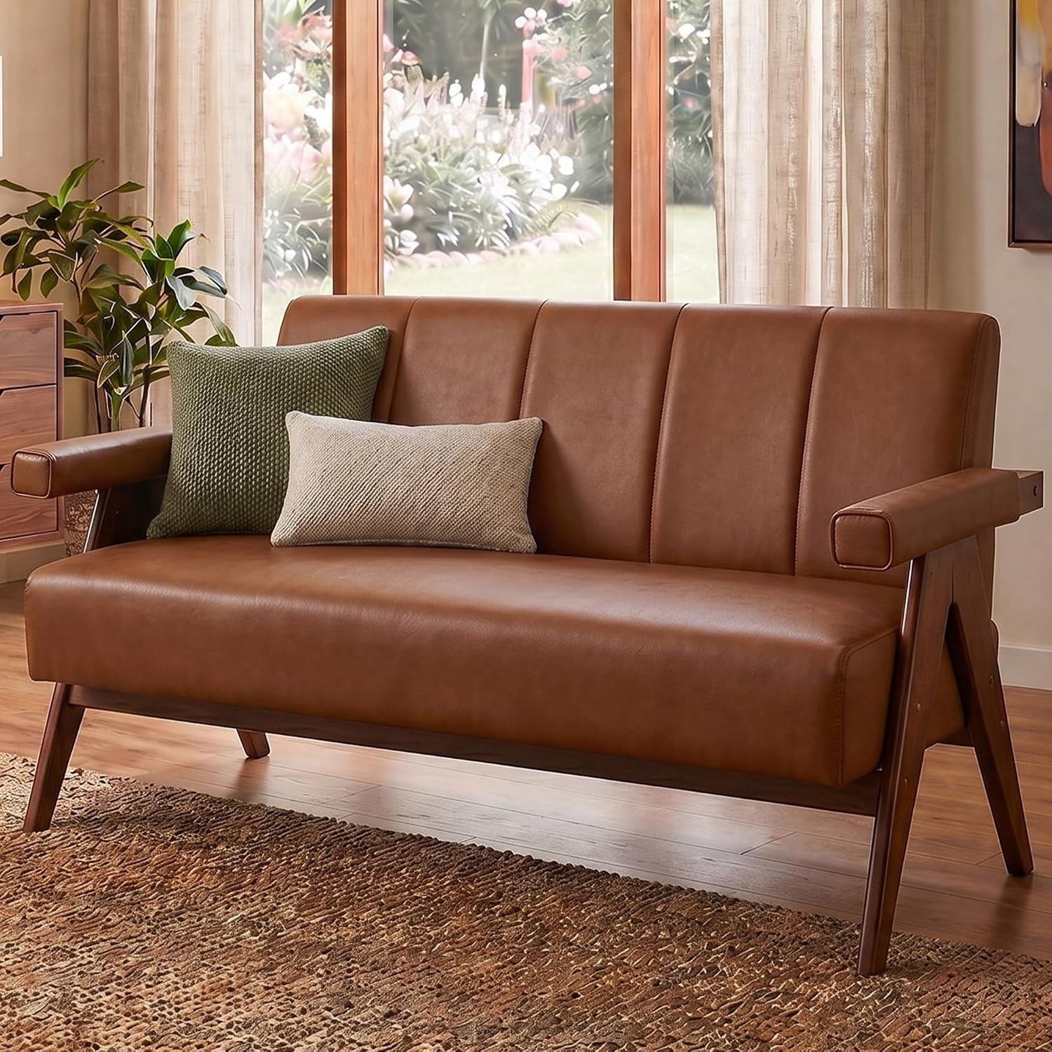 LAZZO 50" Faux Leather Loveseat, Small Comfy Couch Featuring Wooden Armrests, Ideal for Living Rooms & Offices, Brown