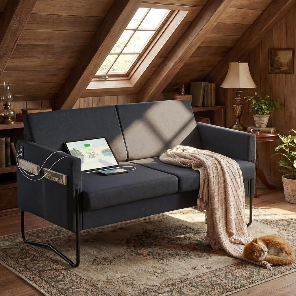 LAZZO 51" Loveseat Sofa, 2 Seater Small Space Couch with USB Charging Port & Side Pocket for Bedroom Office, Black