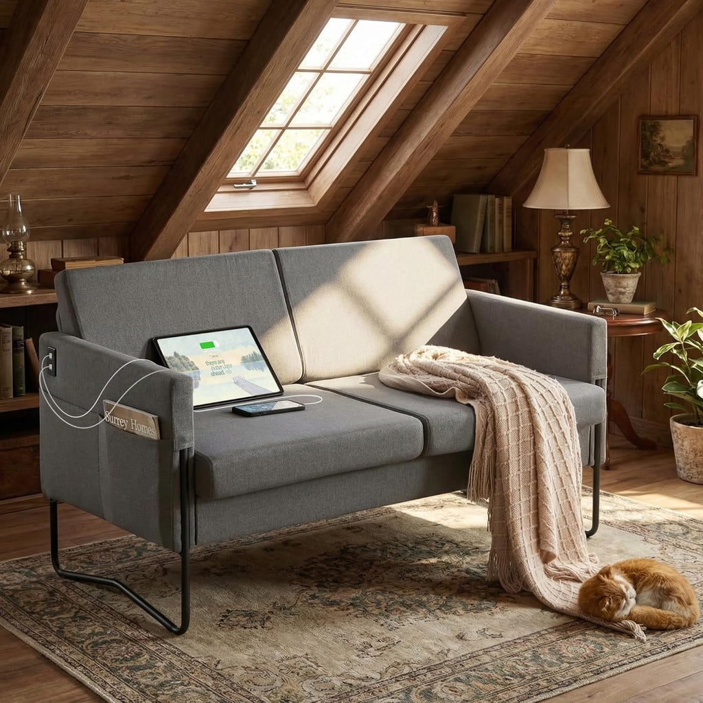 LAZZO 51" Loveseat Sofa, 2 Seater Small Space Couch with USB Charging Port & Side Pocket for Bedroom Office, Gray