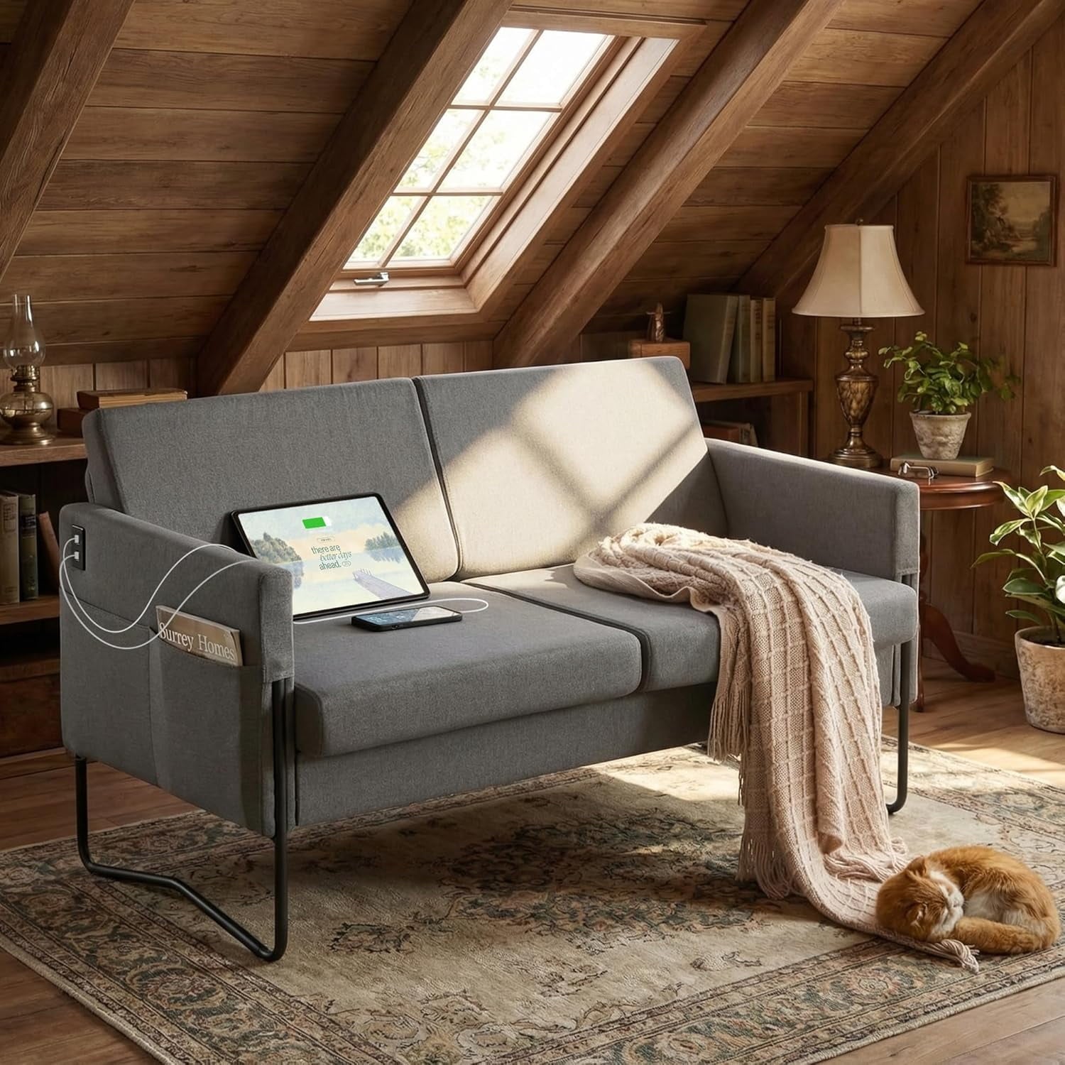 LAZZO 51" Loveseat Sofa, 2 Seater Small Space Couch with USB Charging Port & Side Pocket for Bedroom Office, Gray