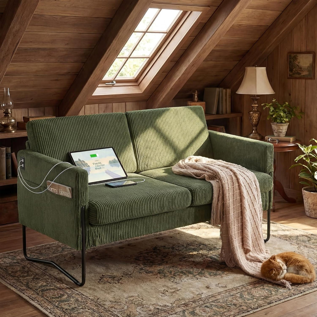LAZZO 51" Loveseat Sofa, 2 Seater Small Space Couch with USB Charging Port & Side Pocket for Bedroom Office, Green