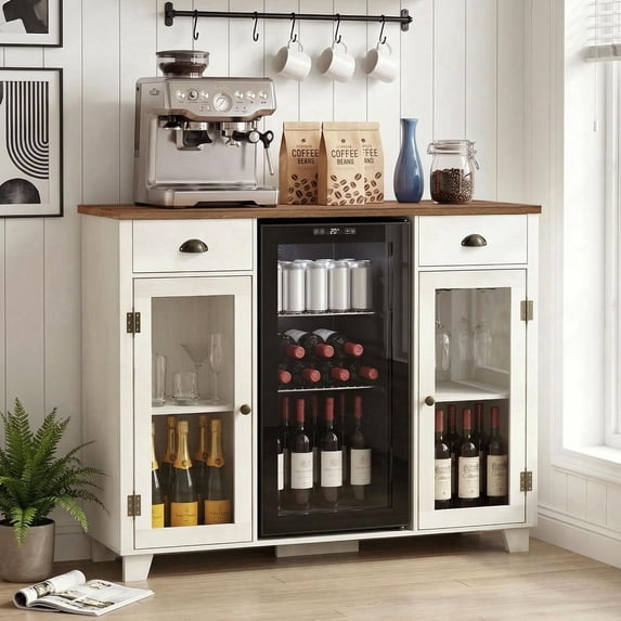 LAZZO Bar Cabinet with Mini Fridge Space, 52“ Storage Cabinet with Power Outlet and Goblet Holder for Kitchen, Dining and Living Room