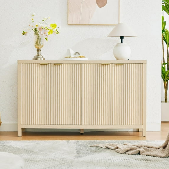 LAZZO 55" Fluted Buffet Cabinet, Kitchen Sideboard with Doors & Storage Shelves for Dining & Living Room, Natural Wood