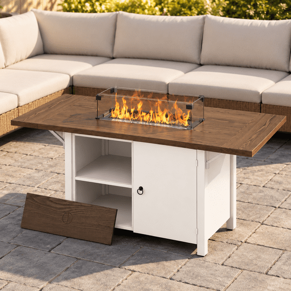 LAZZO 55" Propane Fire Pit Table, 50,000 BTU Outdoor Fire Pit with Foldable Expansion Tabletop and Wind Guard, White