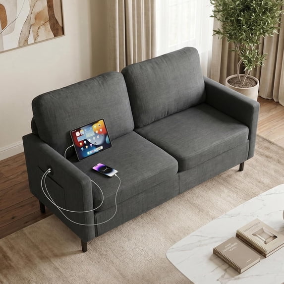 LAZZO 56" Linen Fabric Loveseat, 2-Seater Sofa with USB Charging Ports and Side Pockets for Living Room, Bedroom and Office, Dark Gray