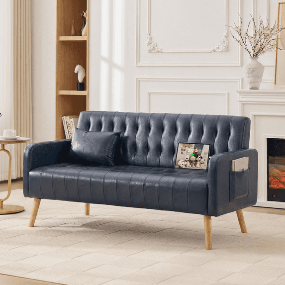 LAZZO 57" Faux Leather Loveseat Sofa, Tufted Couch with USB Charging Ports and Side Pockets, Blue