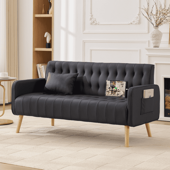 LAZZO 57" Faux Leather Loveseat Sofa, Tufted Couch with USB Charging Ports and Side Pockets, Black
