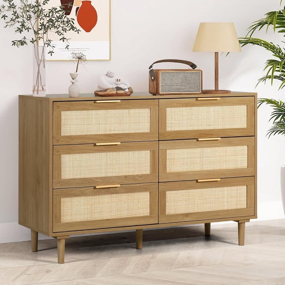 LAZZO 6-Drawer Rattan Dresser, Modern Chest of Drawers, Wooden Storage Organizer for Bedroom, Living Room & Hallway, Brown
