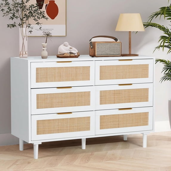 LAZZO 6-Drawer Rattan Dresser, Modern Chest of Drawers, Wooden Storage Organizer for Bedroom, Living Room & Hallway, White