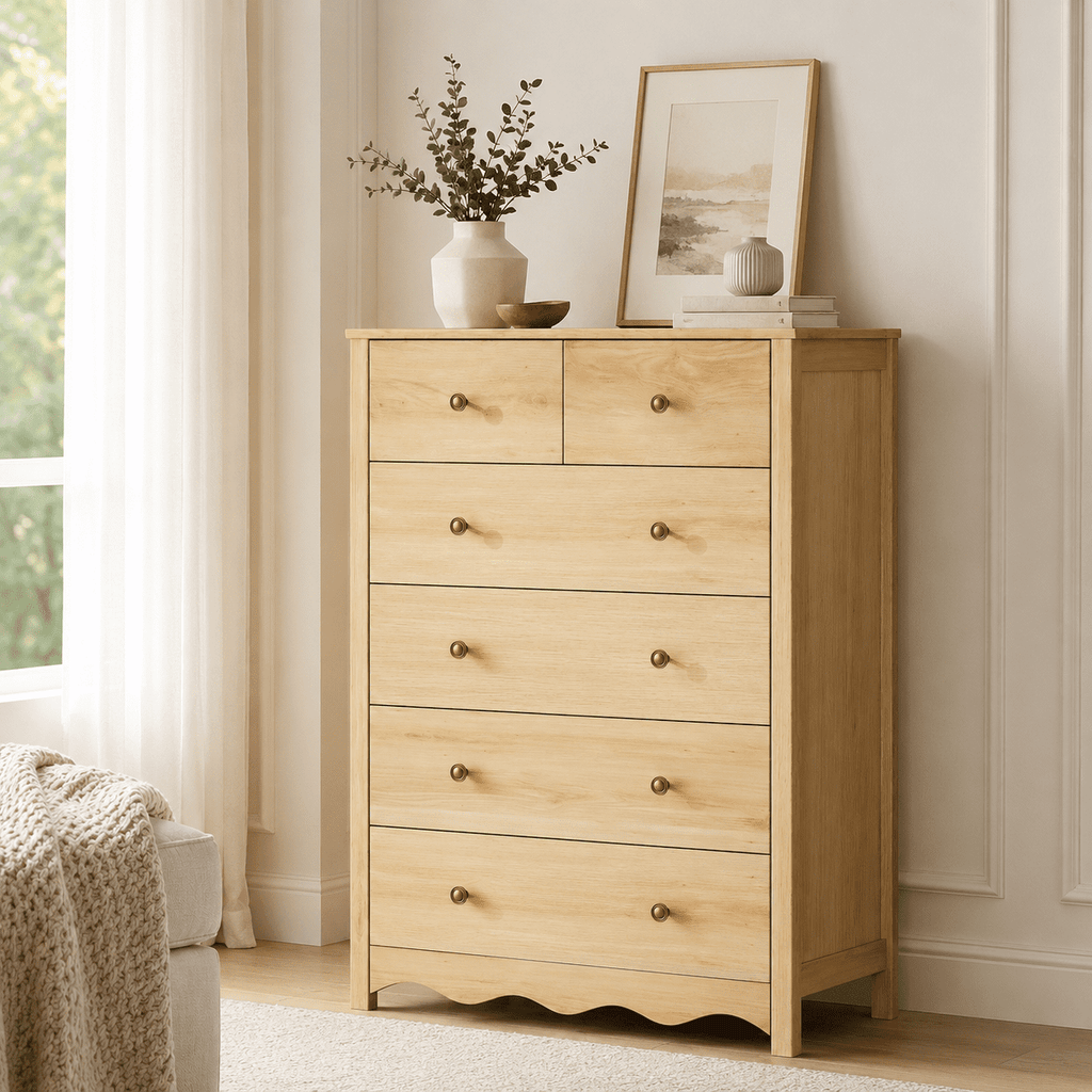 LAZZO 6-Drawer Dresser, 43.3" Tall Wood Chest of Drawers with Metal Handles for Bedroom and Living Room, Natural Wood