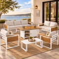 LAZZO 6-Piece Patio Conversation Set with Fire Pit Table, All-Aluminum Outdoor Metal Furniture Set with Olefin Cushions, Beige