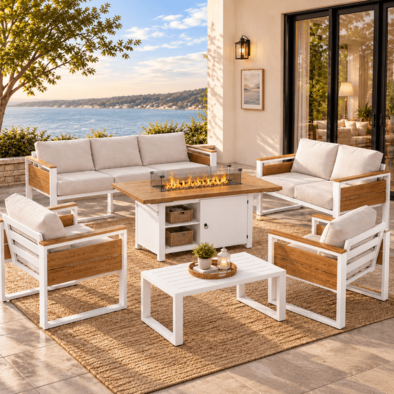 LAZZO 6-Piece Patio Conversation Set with Fire Pit Table, All-Aluminum Outdoor Metal Furniture Set with Olefin Cushions, Beige