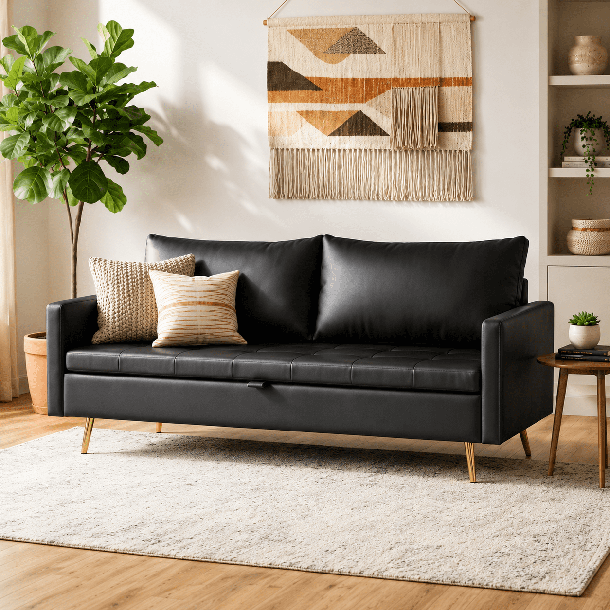 LAZZO 60" Loveseat Sofa with Hidden Storage, Leather Upholstered Couch with USB Charging Ports for Living Room, Black