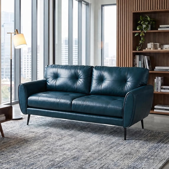 LAZZO 61“ Loveseat Sofa, Tufted Faux Leather 2-Seater Couch for Small Spaces, Blue