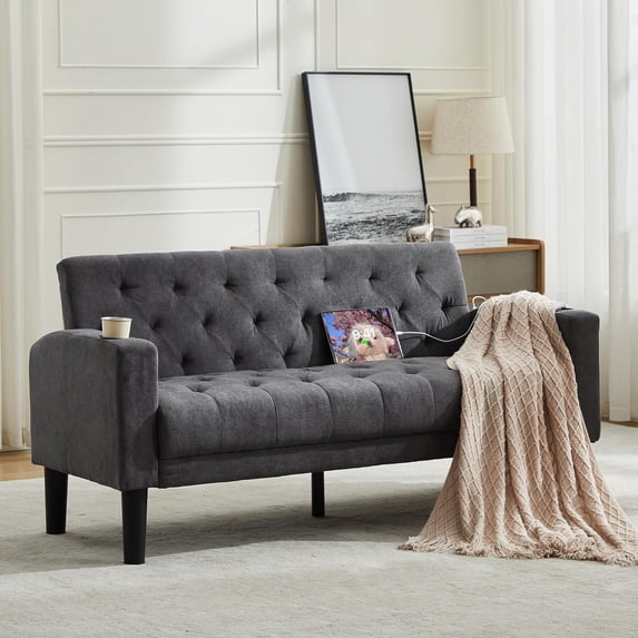 LAZZO 62" Loveseat Sofa, Tufted Couch with USB Ports and Cupholders for Living Room, Office and Bedroom, Dark Gray