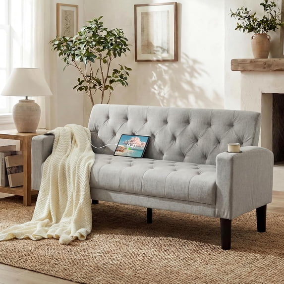 LAZZO 62" Loveseat Sofa, Tufted Couch with USB Ports and Cupholders for Living Room, Office and Bedroom, Light Gray