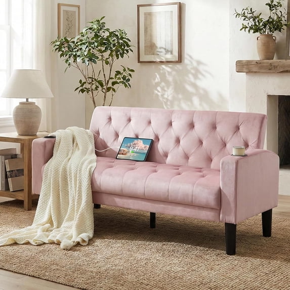 LAZZO 62" Loveseat Sofa, Tufted Couch with USB Ports and Cupholders for Living Room, Office and Bedroom, Pink