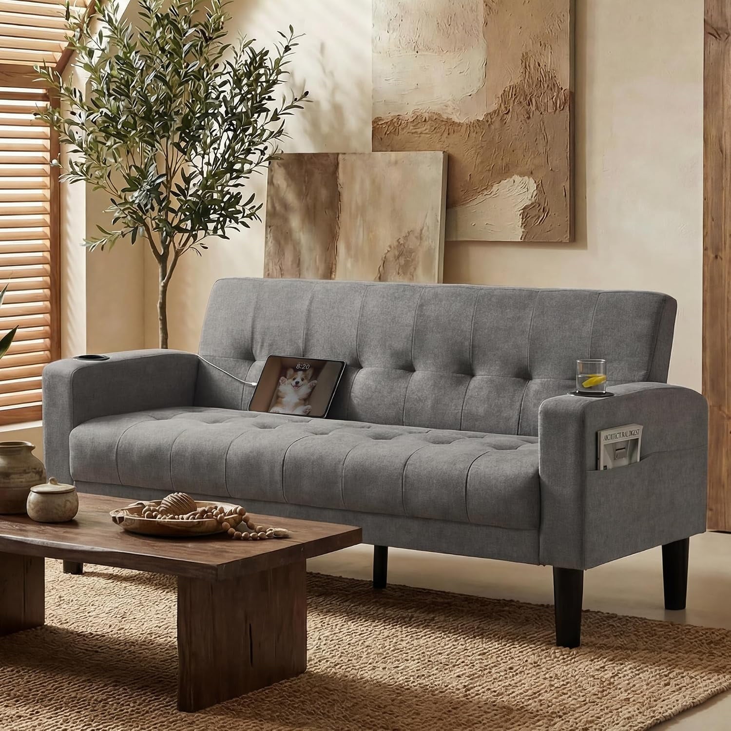 LAZZO 62" Loveseat, Mid-Century Modern Linen Upholstered Tufted Couch with USB Charging Ports and Cupholders, Light Gray