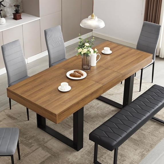LAZZO Farmhouse Rustic Extendable Dining Table, 63"-79" Rectangular Wooden Kitchen Table for 4-8, Brown