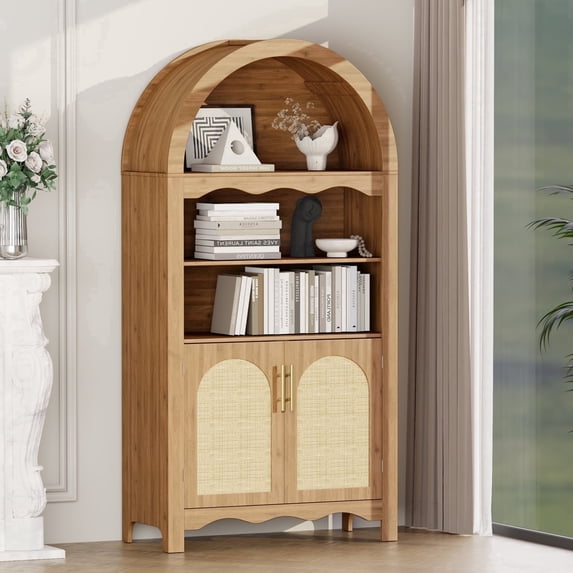 LAZZO 63" Arched Pantry Cabinet, Storage Cupboard with Anti-Tipping Device, Natural Wood Color