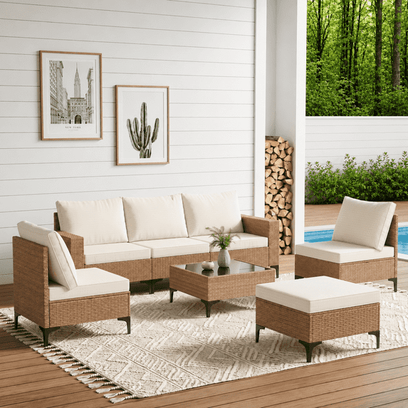 LAZZO 7-Piece Outdoor Conversation Set, Wicker Patio Furniture with Cushions and Coffee Table, Beige