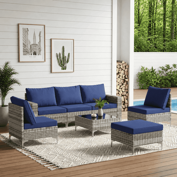 LAZZO 7-Piece Outdoor Conversation Set, Wicker Patio Furniture Set with Cushions and Coffee Table, Blue