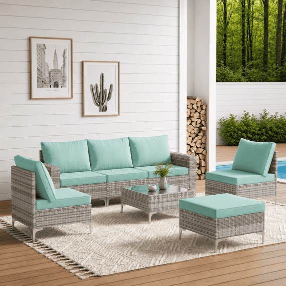 LAZZO 7-Piece Outdoor Conversation Set, Wicker Patio Furniture with Cushions and Coffee Table, Green