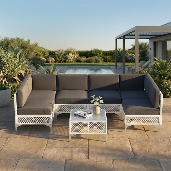 LAZZO 7-Piece Patio Furniture Set, Outdoor Wicker Conversation Set with Thick Cushions & Coffee Table for Backyard and Garden, Gray