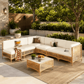 LAZZO 7 Pieces Outdoor Conversation Set, PE Rattan Wicker Patio Furniture Sets, All Weather Sectional Sofa with Beige Cushions