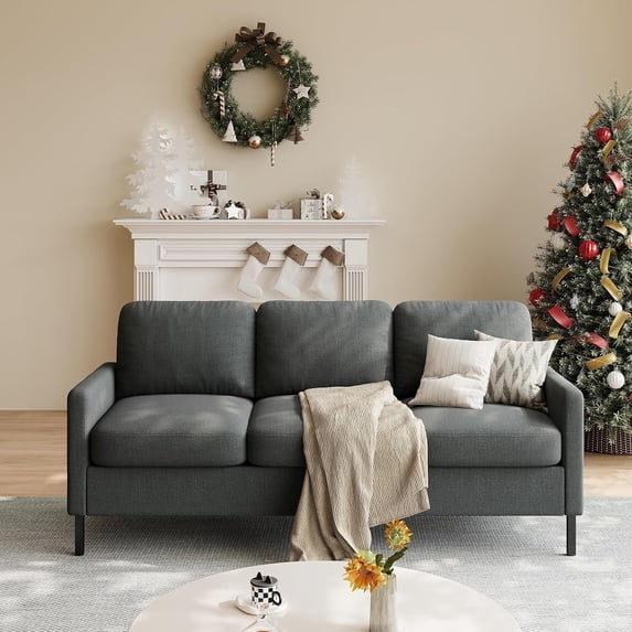 LAZZO 72" Linen Fabric Couch, 3-Seater Sofa with USB Charging Ports and Side Pockets for Living Room, Bedroom and Office, Dark Gray