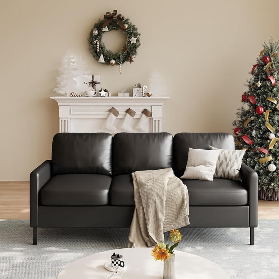 LAZZO 72" Faux Leather Couch, 3-Seater Sofa with USB Charging Ports and Side Pockets for Living Room, Bedroom and Office, Black