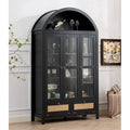 LAZZO 75" Arched Pantry Cabinet with Glass Doors, Rattan Drawers and Anti-Tipping Storage Cupboard for Kitchen and Living Room, Black
