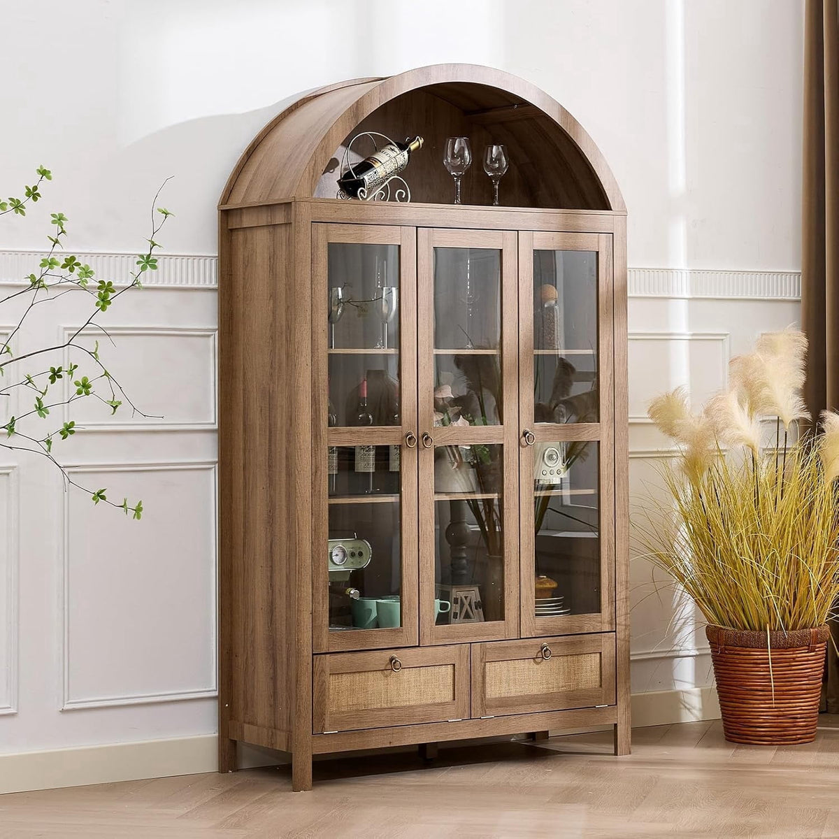 LAZZO 75" Arched Pantry Cabinet with Glass Doors, Rattan Drawers and Anti-Tipping Storage Cupboard for Kitchen and Living Room, Natural Wood