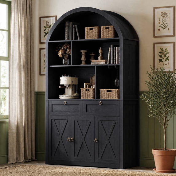LAZZO 75” Arched Pantry Cabinet, Farmhouse Storage Cabinet with Built-In Power Strip, Anti-Tip Device and Open Shelves, Black
