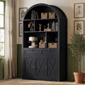 LAZZO 75” Arched Pantry Cabinet, Farmhouse Storage Cabinet with Built-In Power Strip, Anti-Tip Device and Open Shelves, Black